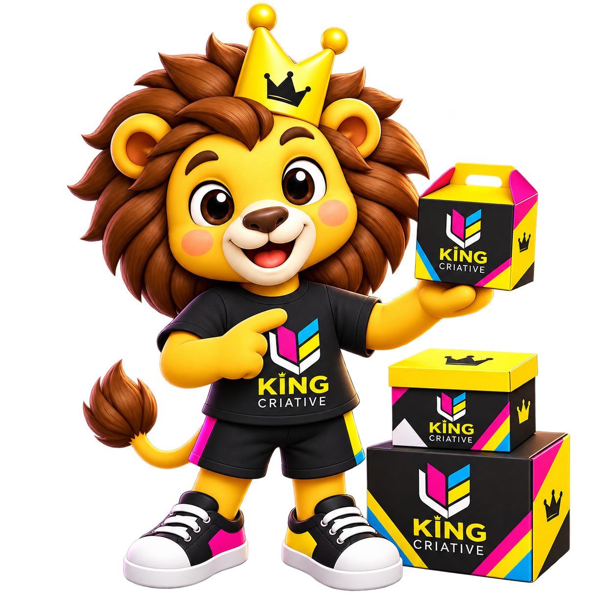 Mascote da King Criative com caixinhas personalizadas