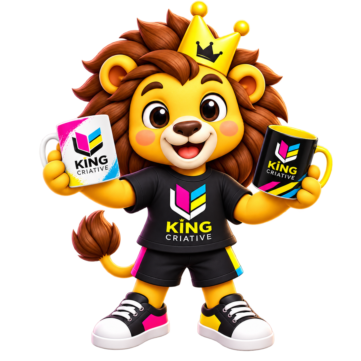 Mascote da King Criative segurando canecas personalizadas