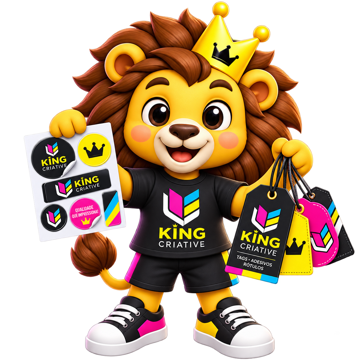 Mascote da King Criative com adesivos, tags e materiais impressos