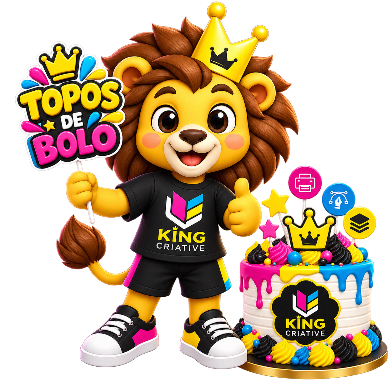 Mascote da King Criative representando topos de bolo