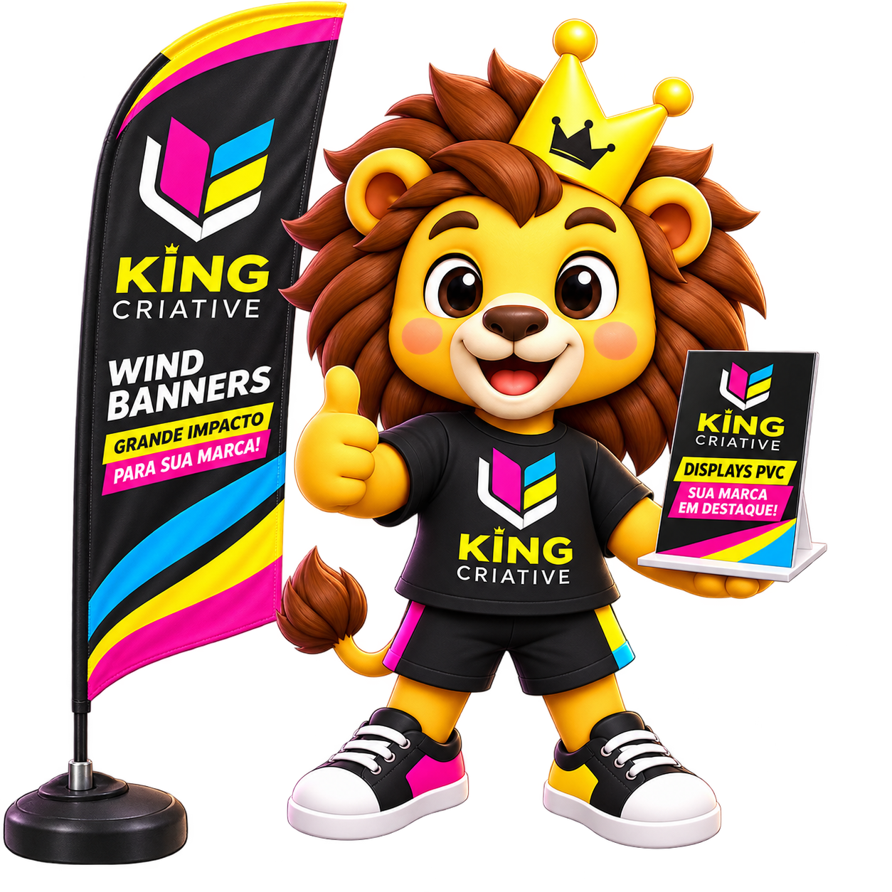 Mascote da King Criative com wind banner e display PVC